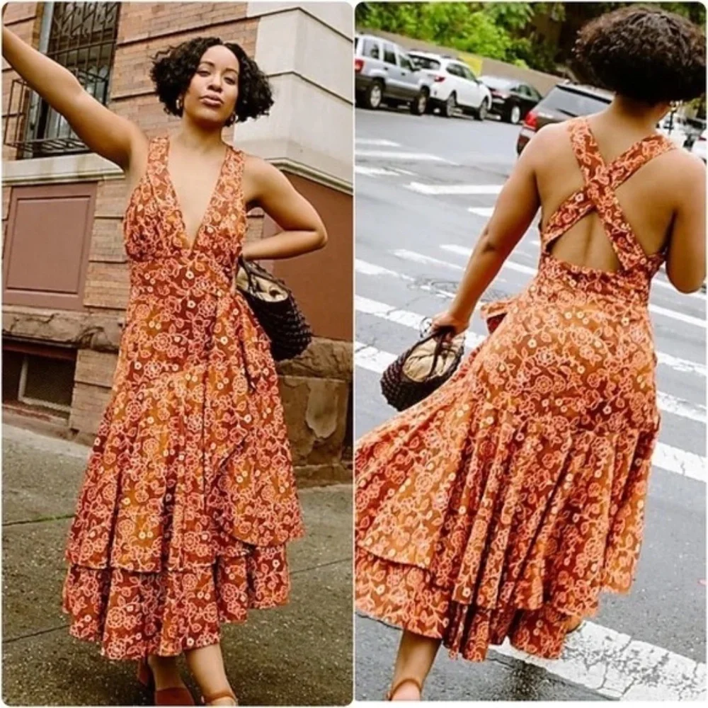 J. Crew Rust Floral Midi Dress with Pink and Cream Accents